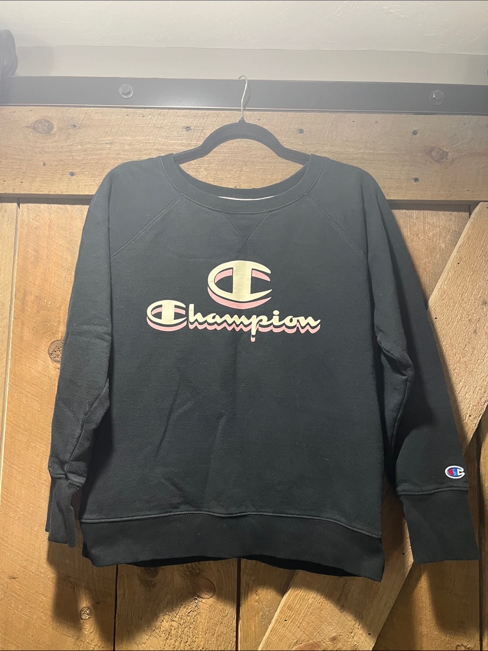 Champion Black Sweatshirt with Pink and Cream Logo